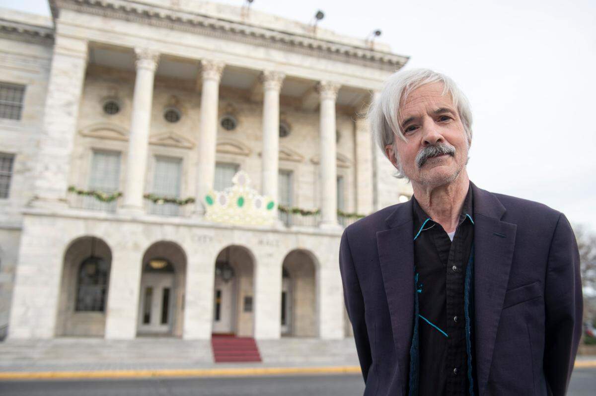 Jordan Gollub, a former member of the Klu Klux Klan poses for a photo outside Biloxi City Hall on Tuesday, Jan. 28, 2025. Gollub ran as a Republican for Biloxi mayor.