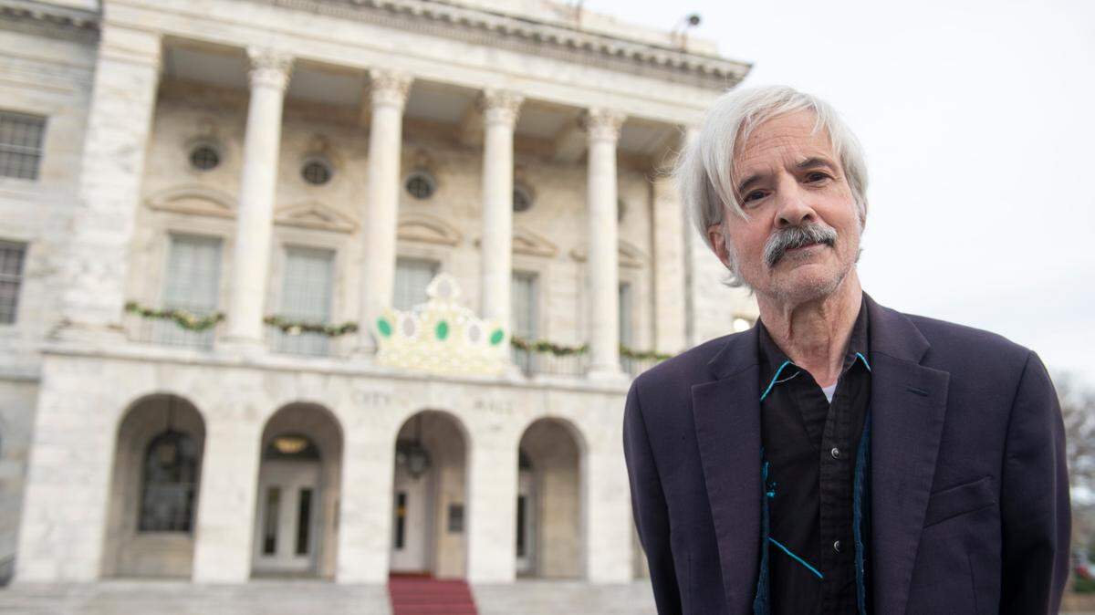 Jordan Gollub, a former member of the Klu Klux Klan poses for a photo outside Biloxi City Hall on Tuesday, Jan. 28, 2025. Gollub is running as a Republican for Biloxi mayor.