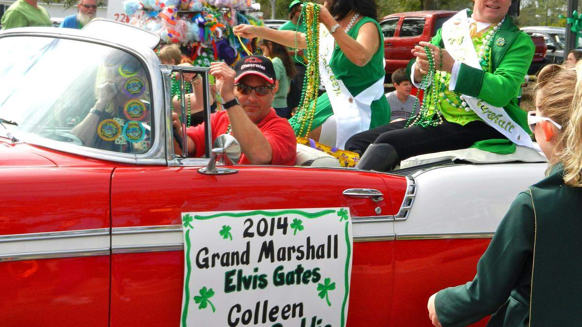 JENNIFER LENAIN/SPECIAL TO THE SUN HERALD/2014Grand Marshal Elvis Gates and Colleen Sandra Boddie ride in the 2014 St. Patrick's Day Parade in Long Beach. This year's fourth annual St. Patrick's Day Festival and Parade opens from 10 a.m. to 5 p.m. Saturday on the Harper McCaughan Town Green in Long Beach. The parade will roll at 2 p.m. on Jeff Davis Avenue.