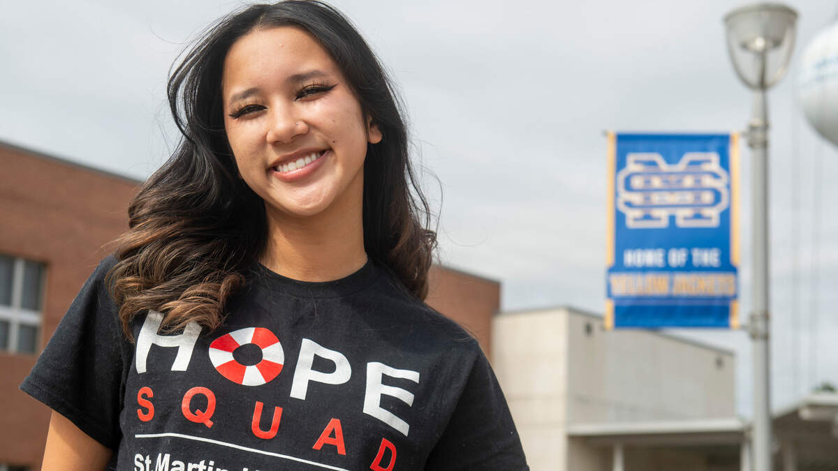Vicky Vo, a St. Martin High School senior, poses for a portrait at the school on Friday, Feb. 14, 2025. Vo is a member of Hope Squad, a student organization focused on suicide prevention. Vo recently spoke on the floor of the Mississippi Senate about Hope Squad’s benefits.