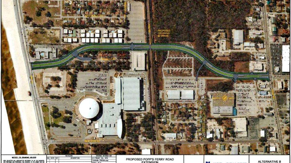 NEEL-SCHAFFER RENDERINGPlan B for the Popp's Ferry Extension takes the road just west of the Coast Coliseum parking garage and leaves most of the facility's west parking lot on the other side of the new road.