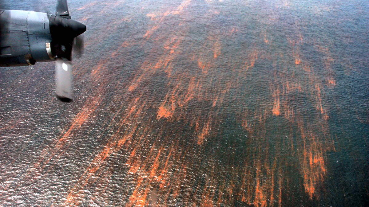 Sweet crude oil streaks on the surface of the Gulf of Mexico in May 2010, as seen from a Florida Air National Guard C-130 airplane several miles from where the Deepwater Horizon oil rig blew up and sank off the coast of Louisiana. Florida Governor Charlie Crist viewed the area from the airplane. (AP Photo/St. Petersburg Times, Scott Keeler)