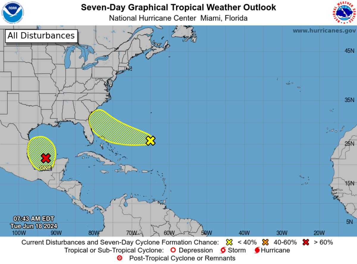 A National Hurricane Center map shows three systems in the Gulf of Mexico and Atlantic.