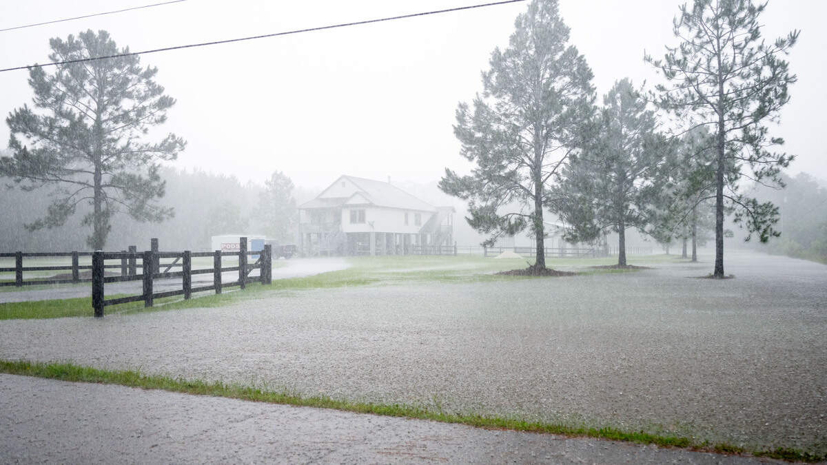 The front yards of houses flooded with rain water during a rainstorm.