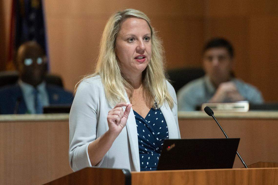 Tiffany Murdock, CEO of Singing River Health System, speaks during a public hearing over the potential sale of Singing River Health System during a Jackson County Board of Supervisors meeting in Pascagoula on Wednesday, Aug. 17, 2022.