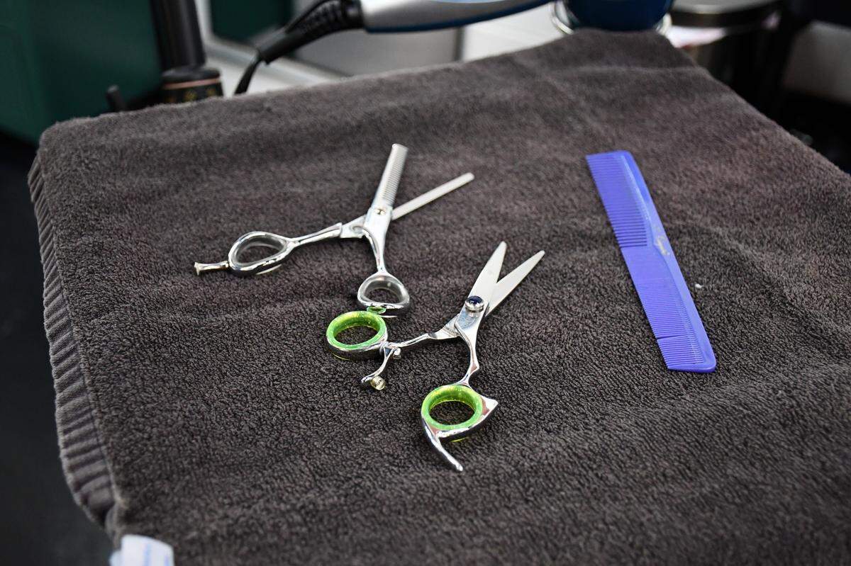 Close-up of silver hair-cutting shears and a purple comb resting on a dark towel.