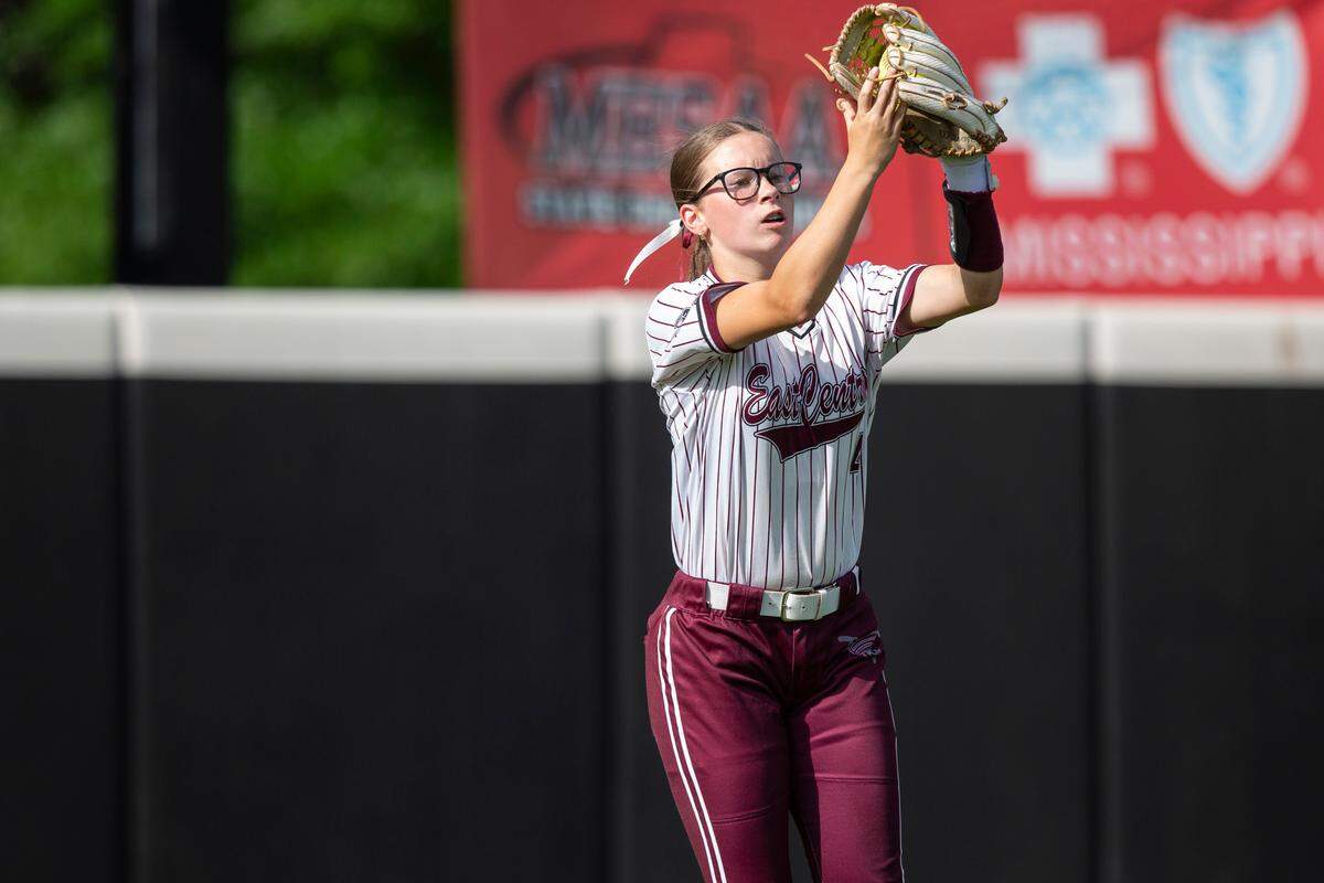 East Central’s Sophie Finch catches a ball during the MHSAA 5A Softball Championship at USM Softball Complex in Hattiesburg on Wednesday, May 14, 2025.