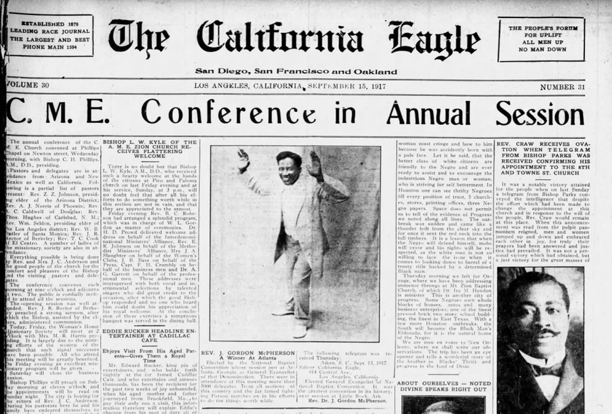 In 1917, the California Eagle reported that the Rev. Dr. J. Gordon McPherson had been elected “General Evangelist” of the National Baptist Convention at its meeting in Atlanta.