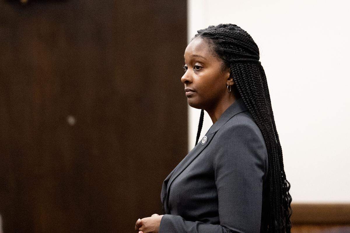 Jasmine Magee speaks to jurors during a testimony hearing at Harrison County Circuit Court on Tuesday.