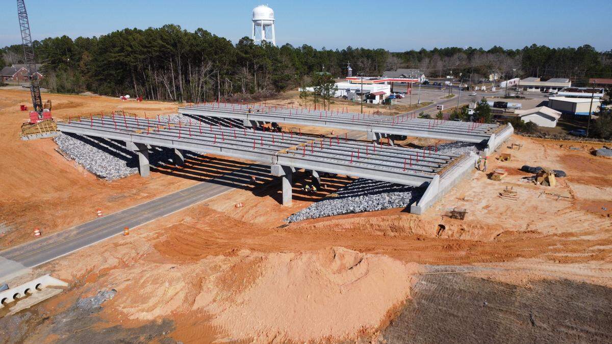New bridges over Humphrey Road are under construction for the Vancleave Mississippi 57 bypass. The nine-mile road project begins at Exit 57 of I-10 and will provide a hurricane evacuation route and a way around the traffic that backs up around the five schools in one mile.