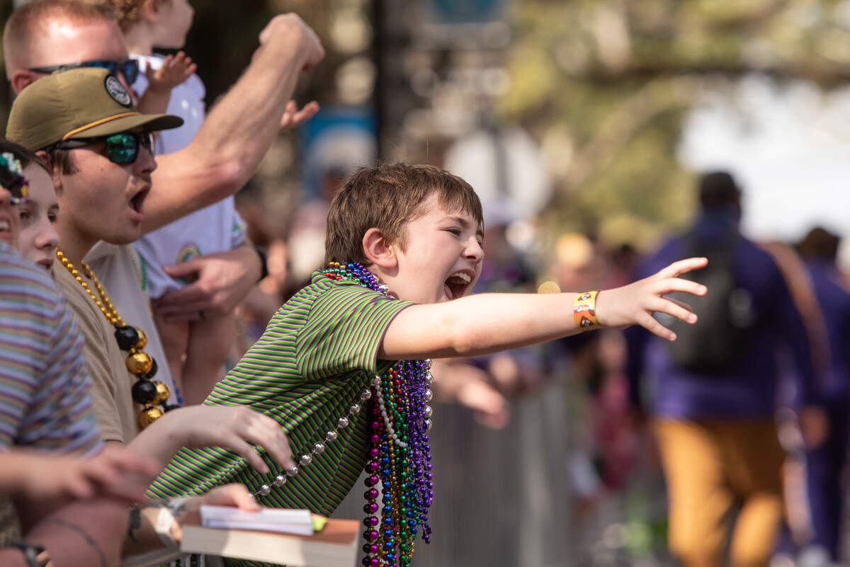 Parade watchers cheer for throws during the Ocean Springs Elks Club Mardi Gras Parade in Ocean Springs on Saturday, Feb. 15, 2025.
