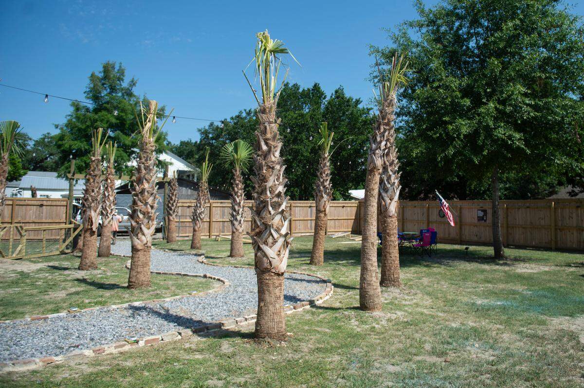 Palm trees decorate the new Back Yard beer garden behind The Blind Tiger’s Depot District Deli and Seafood Market in Bay St. Louis. The beer garden features a bar, an outdoor kitchen, a sandbox for children and activities like corn hole and darts.