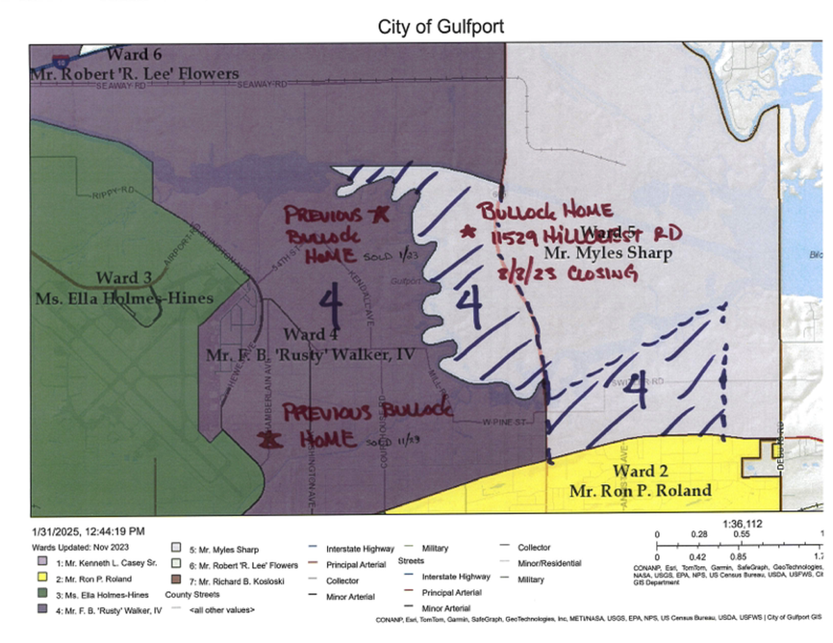 Gulfport resident Derek Bullock drew this map showing his house and the city’s September 2023 shift in ward lines. Bullock, who moved into Ward 5 in August 2023, wanted to run in the special election for City Council but hasn’t lived in Ward 5 the required two years from the Feb. 18 election date.