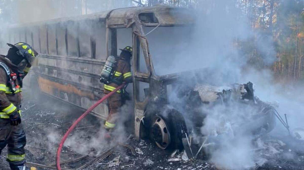 A Hancock County school bus caught fire on Friday, Nov. 19, 2021 and burned to the frame. Students and the driver on the bus escaped safely.