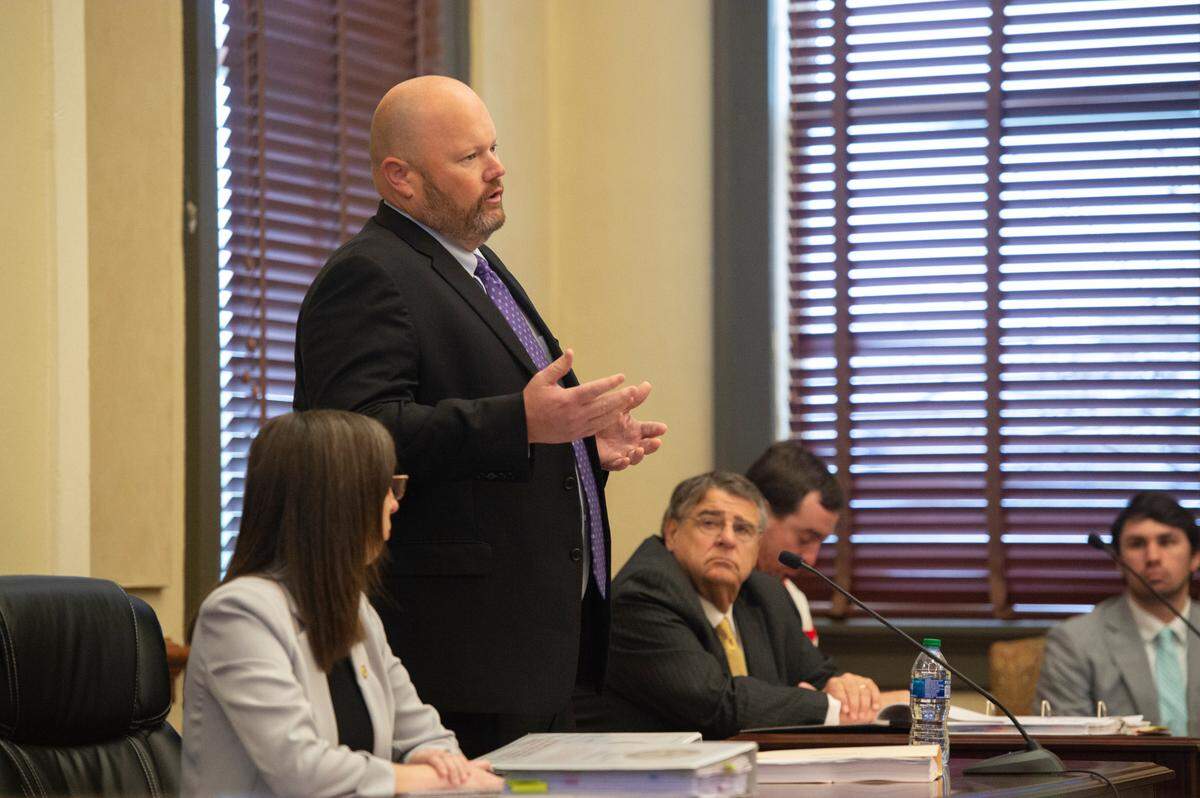 Assistant District Attorney George Huffman speaks during Alan Moran’s sentencing in county court in Bay St. Louis on Friday, Feb. 16, 2024.