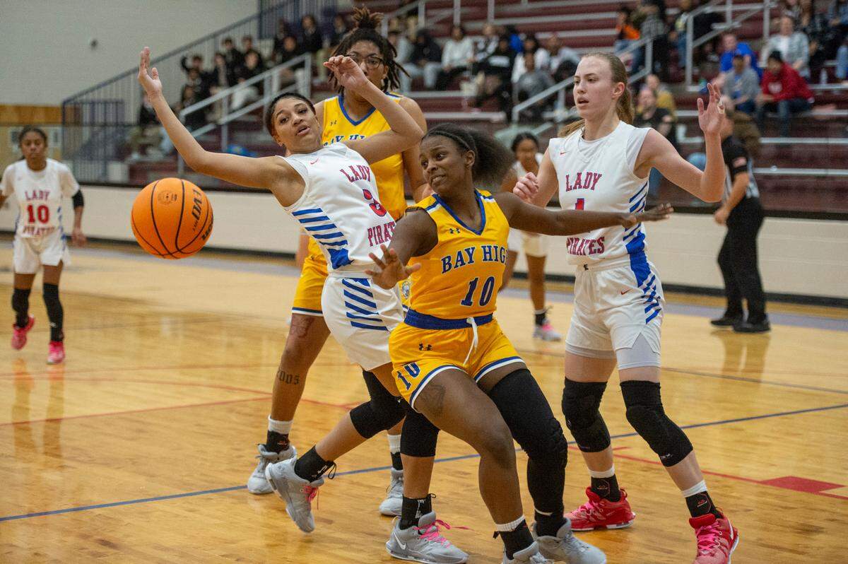 Bay High’s Delana Peters loses control of the ball during a game against Pass Christian in Pass Christian on Tuesday, Jan. 23, 2024.