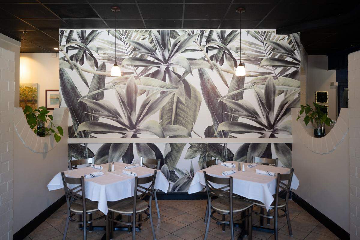 A garden themed dining area at Coastal Kitchen in Long Beach on Tuesday, Feb. 24, 2026.