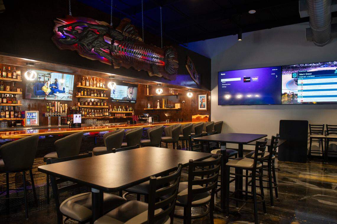 The bar area at Flatheads and Bottom Feeders restaurant in Woolmarket is completely separate from the dining room and gets lively when the dinner hours are over.