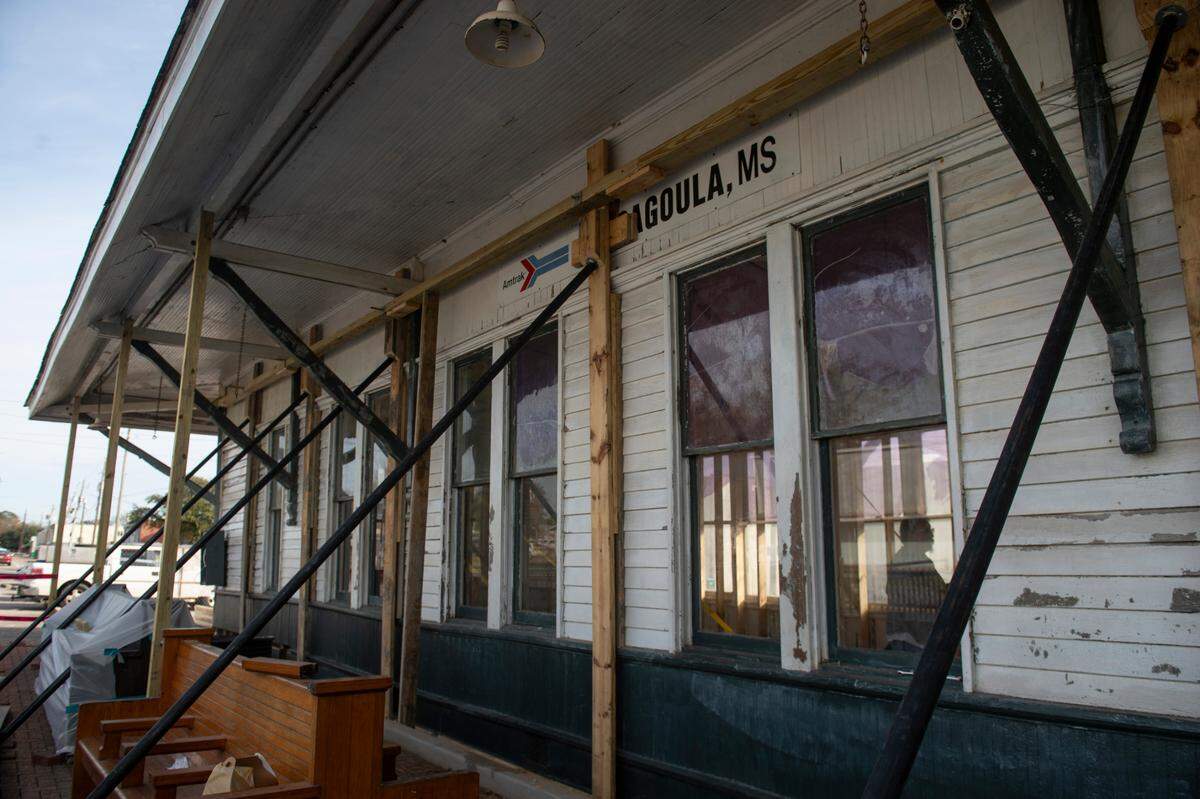 Construction continues on the Pascagoula train depot, which was just pulled back into level so restoration can continue. It will become a new brewpub to serve those departing and arriving on Amtrak and people in the downtown.