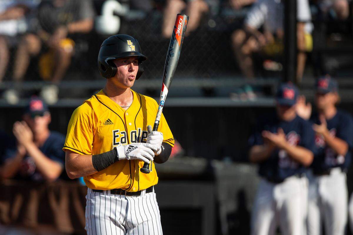 Southern Miss’s Carson Paetow reacts as a pitch goes by during an at bat during the Super Regionals Final at Pete Taylor Park in Hattiesburg on Sunday, June 12, 2022.