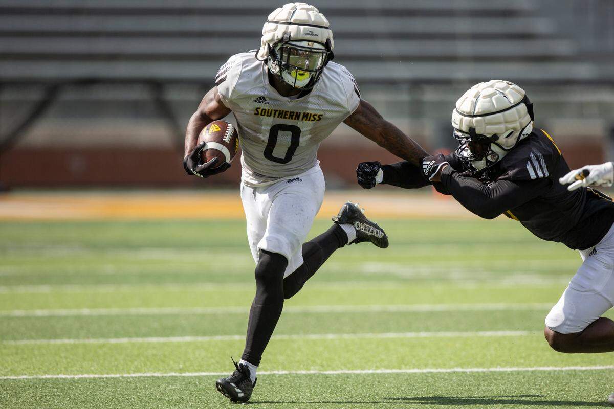 Southern Miss runnningback Dreke Clark runs the ball during a scrimmage at M.M. Roberts Stadium in Hattiesburg on Saturday, March 25, 2023.