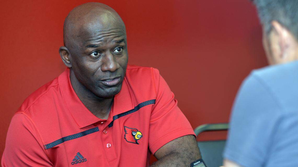 TIMOTHY D. EASLEY/ASSOCIATED PRESS Former Louisville cornerbacks coach Terrell Buckley, now with Mississippi State, speaks with a reporter during Louisville Football Media Day at Papa John’s Cardinal Stadium in Louisville, Ky., on Aug. 8, 2015. Buckley, a Pascagoula product, is a candidate for the College Football Hall of Fame.