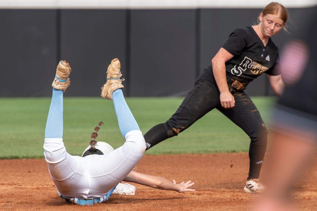 George County Lady Rebels’ Blakely Slay tags out a Saltillo player at second base during the 5A 2023 MHSAA Softball Championship game at USM Softball Complex in Hattiesburg on Thursday, May 18, 2023.