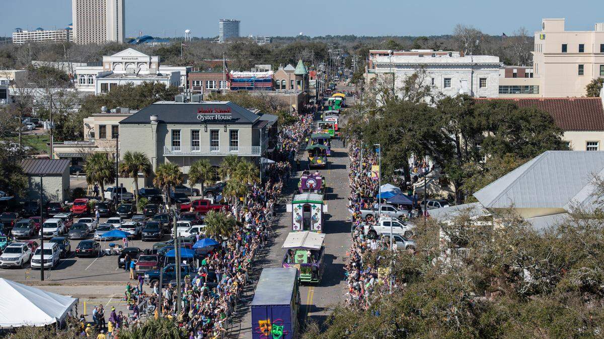 Floats make their way up Lameuse Street during the Gulf Coast Carnival Association Mardi Gras Parade in Biloxi on Tuesday, March 1, 2022.
