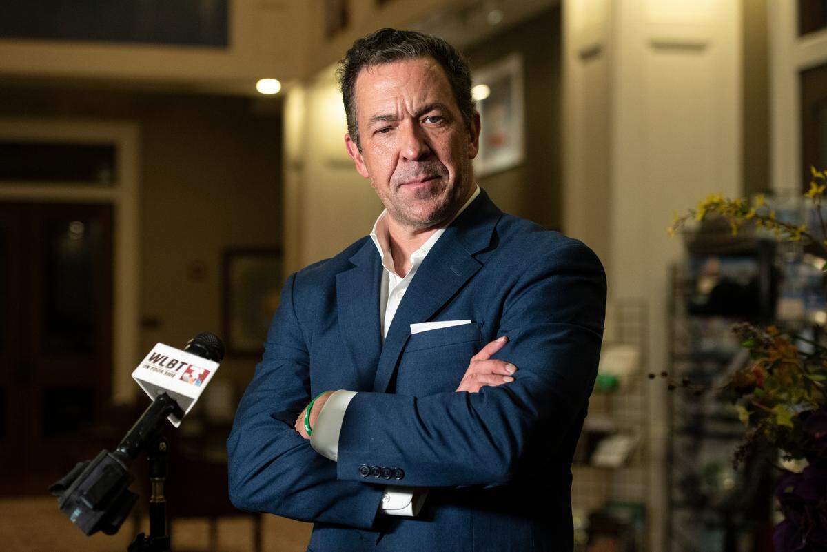 Chris McDaniel speaks to the media and his supporters as his race for Lieutenant Governor looks uncertain at Biloxi Visitors Center in Biloxi on Tuesday, Aug. 8, 2023.