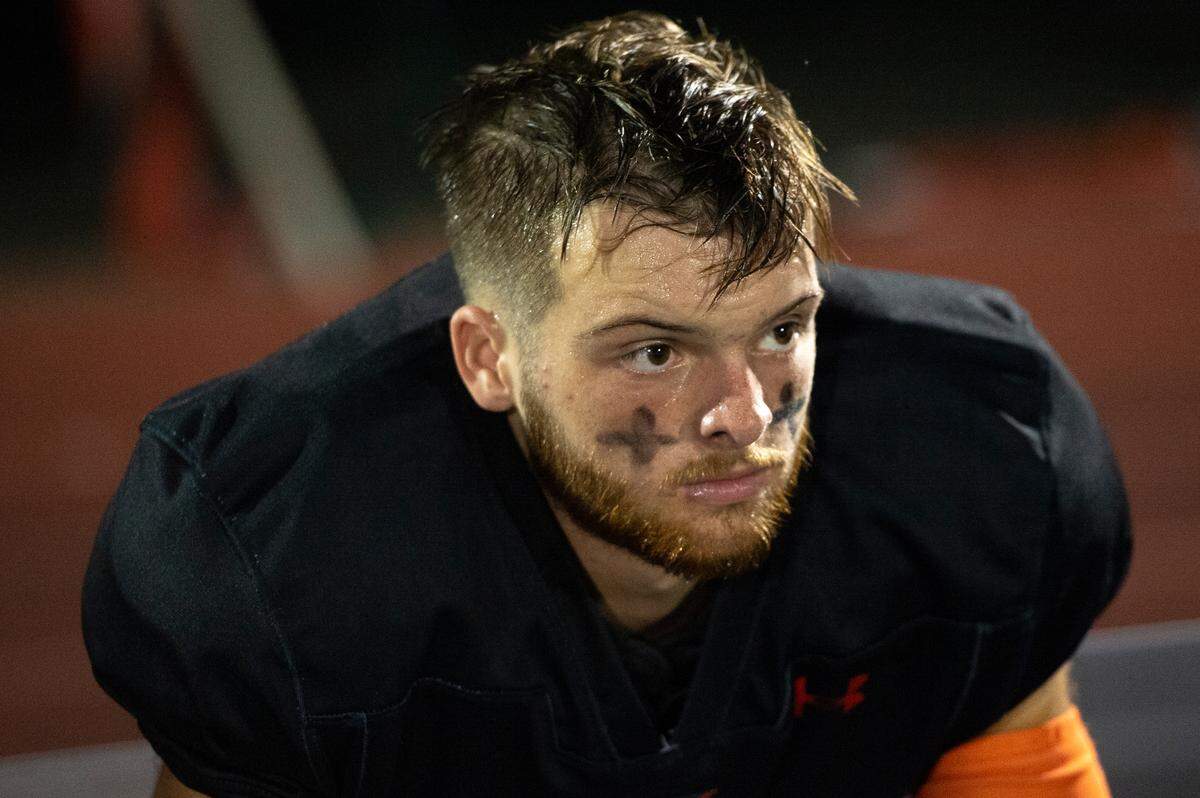 West Harrison Hurricanes’ quarterback Brady Martin watches his team’s defense during a game against Moss Point at West Harrison High School in Gulfport on Friday, Sept. 22, 2023.