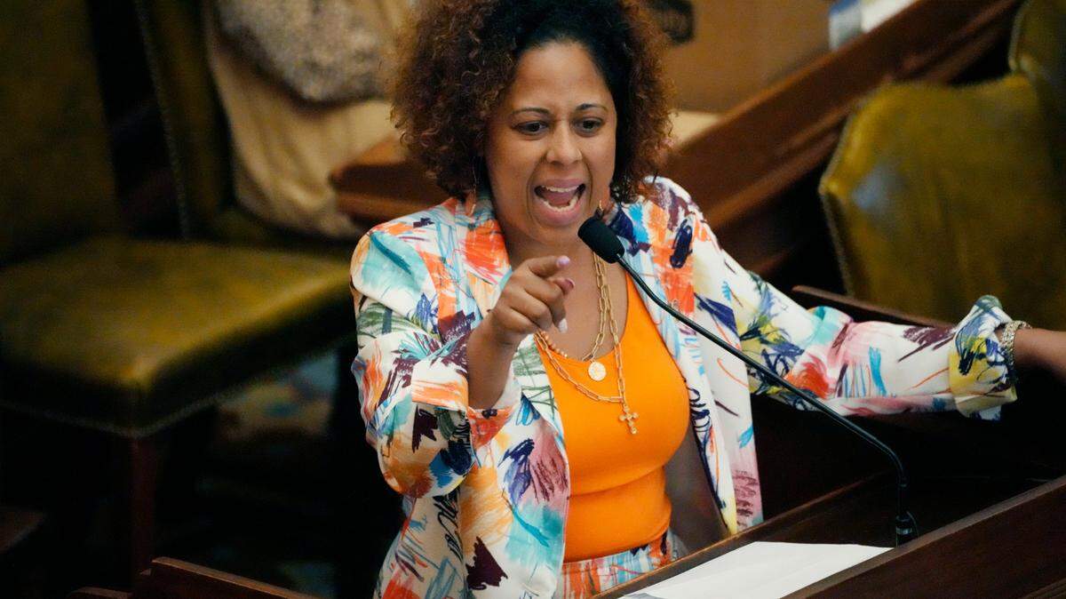 Rep. Zakiya Summers, D-Jackson speaks against passage of the controversial Jackson Capitol Complex Improvement District bill in the House Chamber, Friday, March 31, 2023, at the Capitol in Jackson, Miss. (AP Photo/Rogelio V. Solis)
