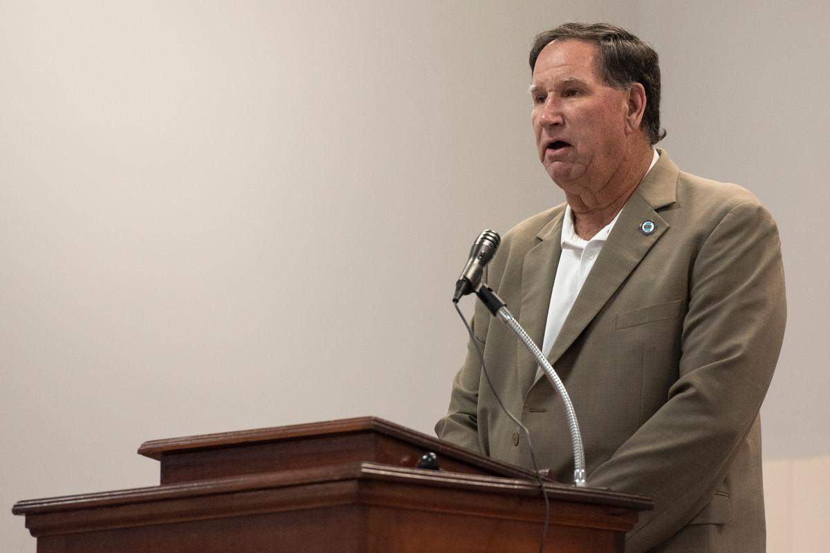 Greg Shaw, a candidate for supervisor district 2 in Hancock County, speaks during an election forum at American Legion in Waveland on Monday, July 10, 2023.