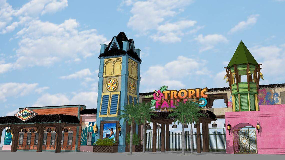 A rendering shows what the front gates to the recently renamed Tropic Falls in Foley, Alabama will look like after renovations. Prior to the rename, the park was called The Park at OWA.