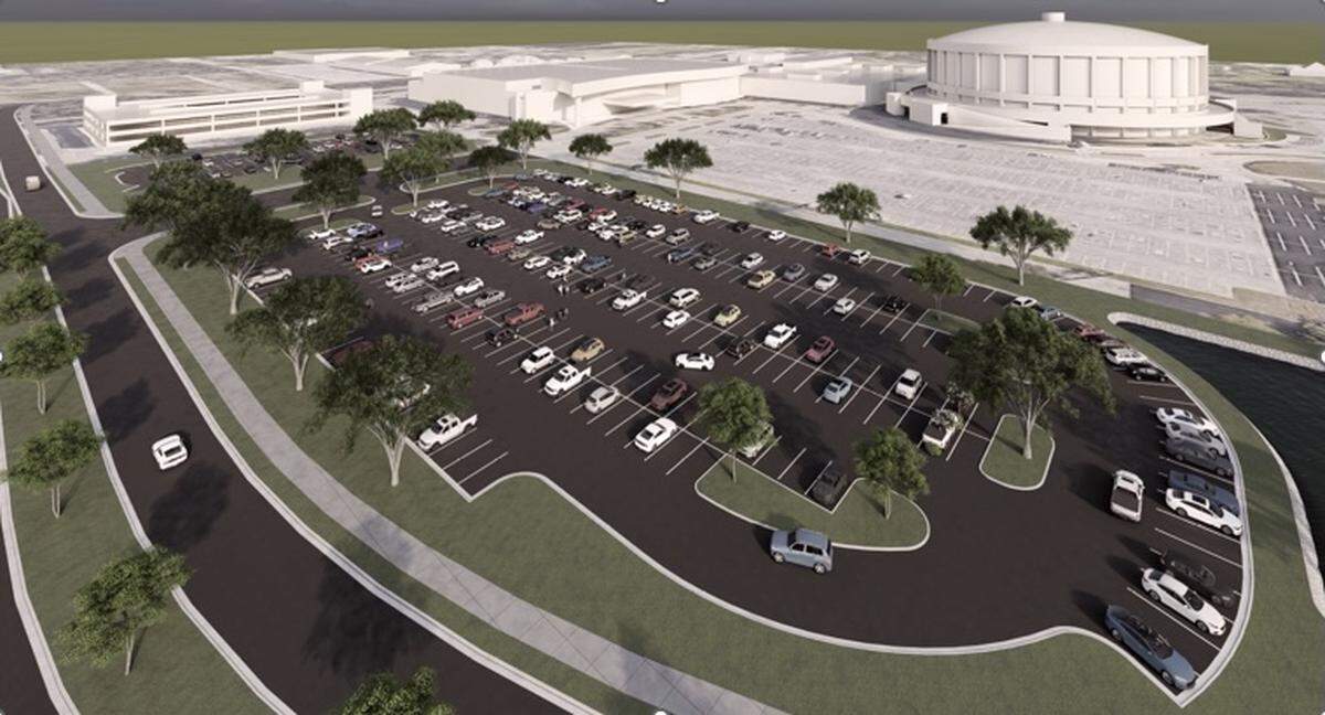 This graphic shows the Popp’s Ferry Road extension, left, including a new entrance into the Mississippi Coast Coliseum and Convention Center. Oakmont Place, a street of middle-class homes, sits where new parking for the coliseum is shown.