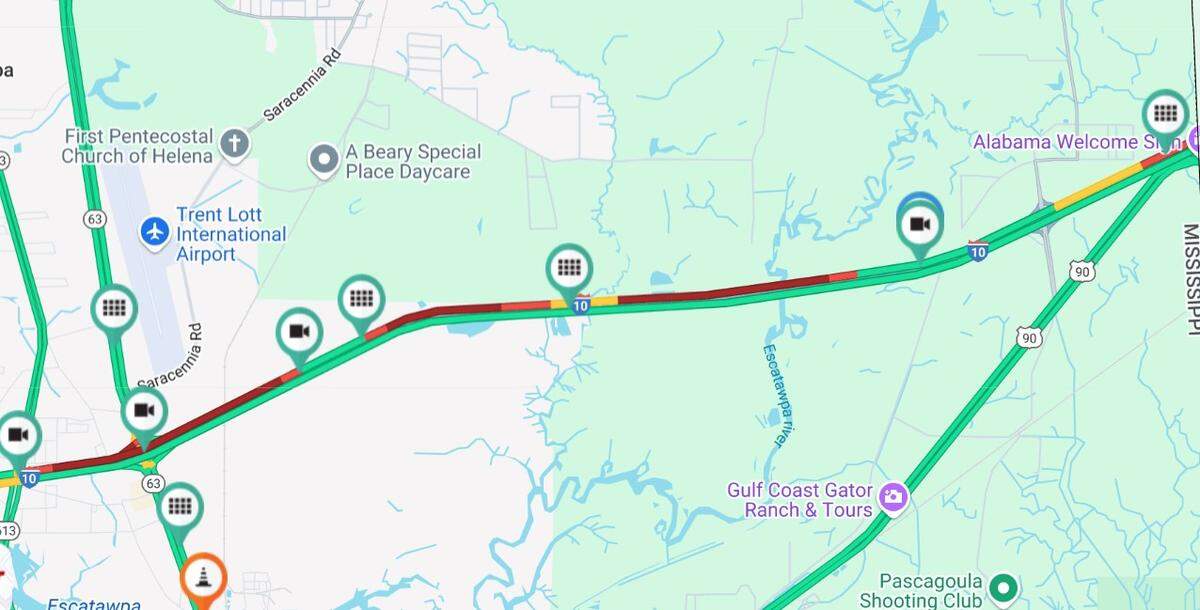 MDOT is reporting delays on I-10 across Jackson County at 1:25 p.m. Sunday.