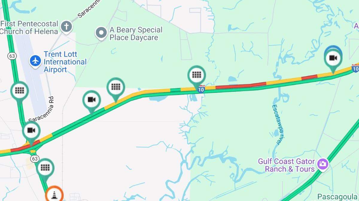 Drivers are encountering delays traveling westbound on I-10 in Jackson County on Sunday, July 6, 2025.
