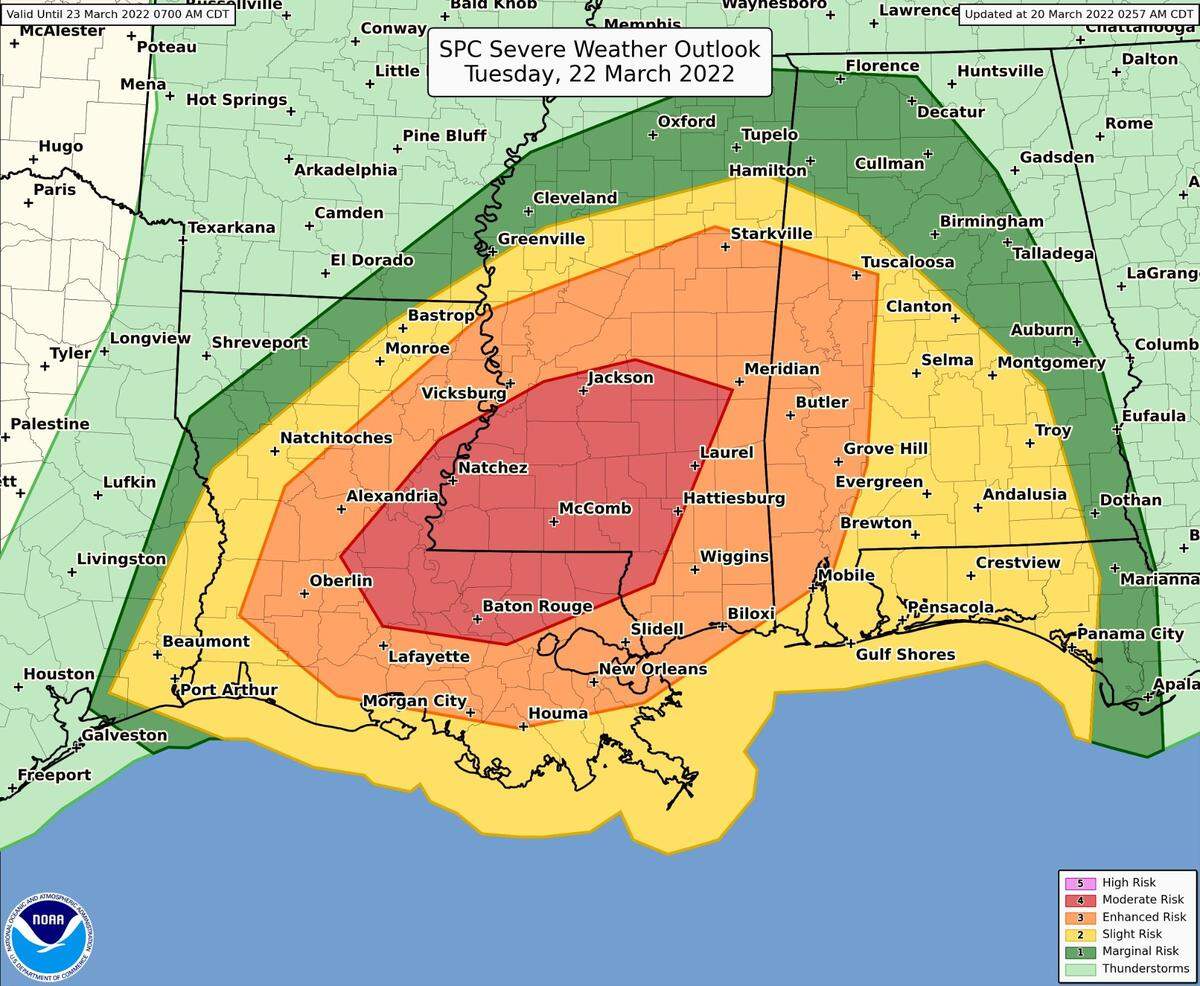The National Weather Service issued a storm warning for Tuesday evening. The strong storm will bring threats of tornadoes, strong winds, hail and flooding across the south.
