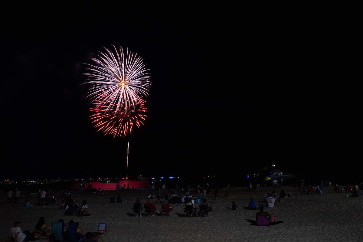 Fireworks are shot into the air during the annual show over the Mississippi Sound on Saturday, July 4, 2026.