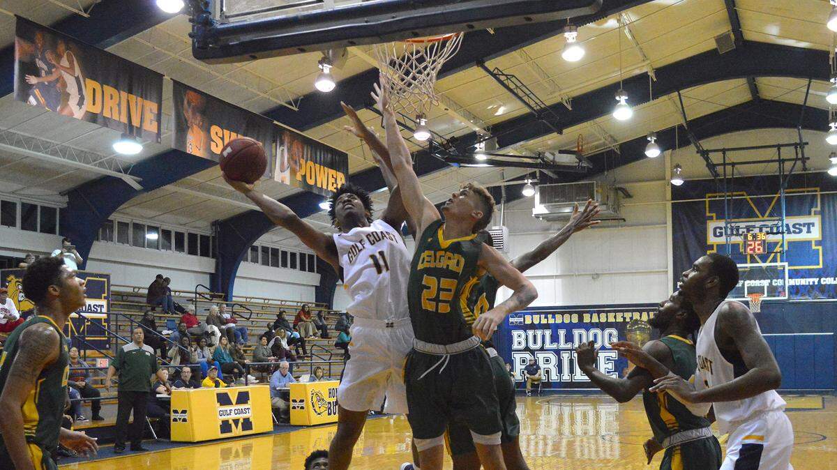 Mississippi Gulf Coast Community College’s D’yasmond Booker goes up for lay-up against Delgado Community College in Perkinston on Nov. 14, 2019.