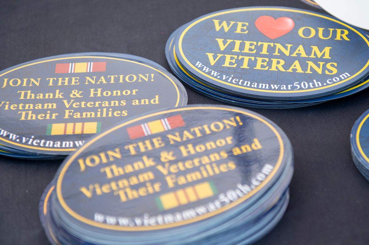 Veterans stickers available at The Wall That Heals, a traveling three-quarter scale replica of the Vietnam Veterans Memorial in D.C., while it is on display at the D’Iberville Sports Complex in D’Iberville on Thursday, April 10, 2025.