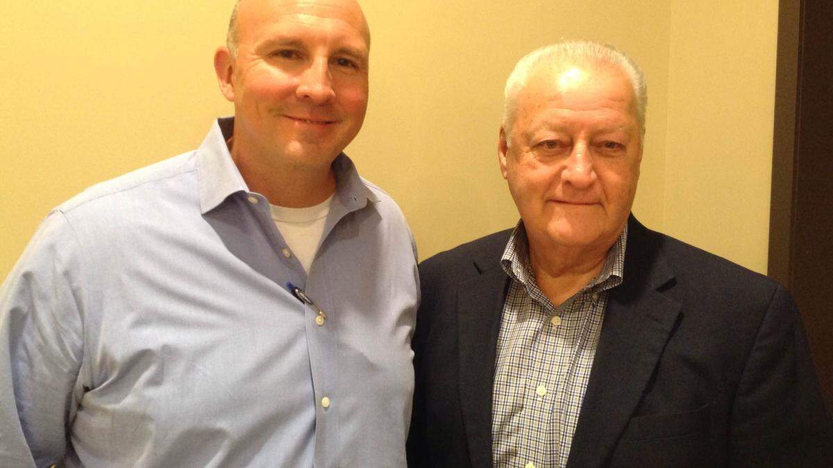 MARY PEREZ/SUN HERALD 
 Clay Jones, left, is the new D'Iberville city manager. Hired Tuesday, he will take over for Bobby Eleuterius, right, who is retiring in June.