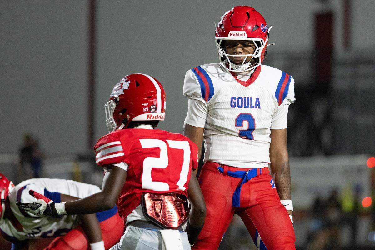 Pascagoula safety Tylan Wilson (3) stands over a wide receiver after breaking up a pass during a football game at Biloxi High School on Friday, Sept. 5, 2025.  Biloxi won 21-18.