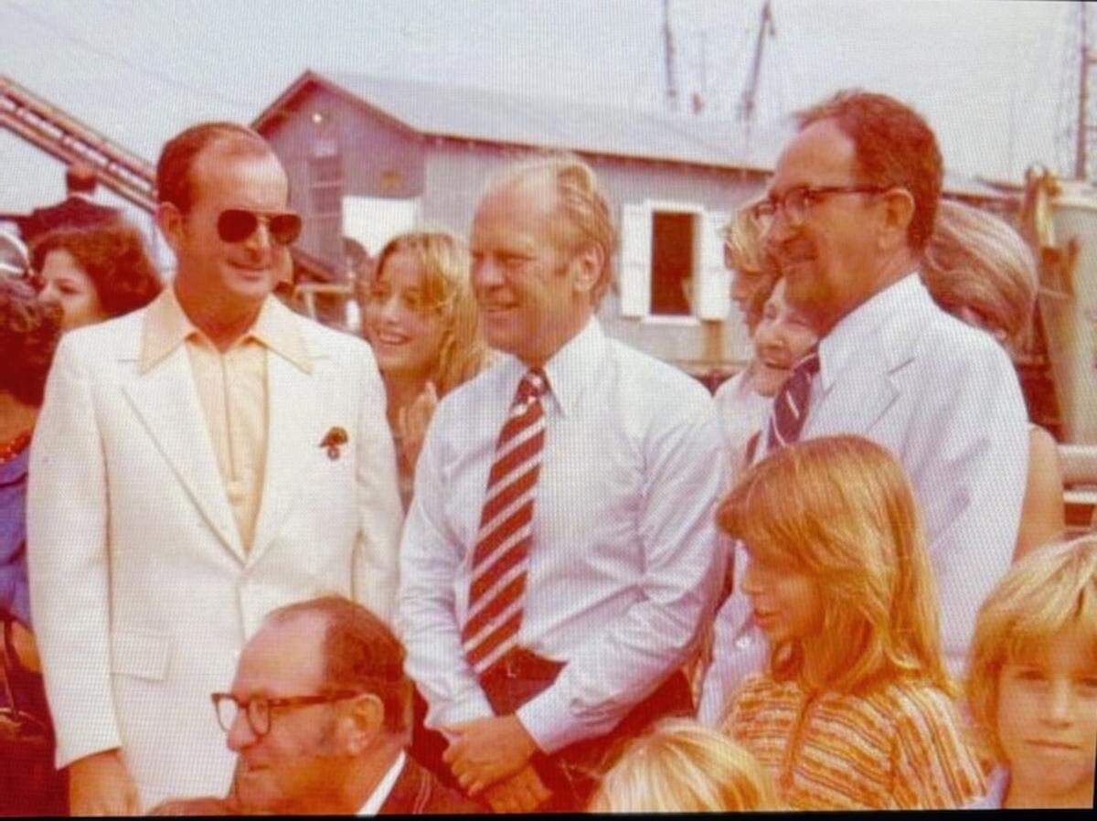 Victor Mavar Sr., Gerald Ford, Nick Mavar Sr. and Sam Mavar Sr. (lower left) at Gerald Ford’s 1976 campaign stop at the Mavar Factory in East Biloxi.