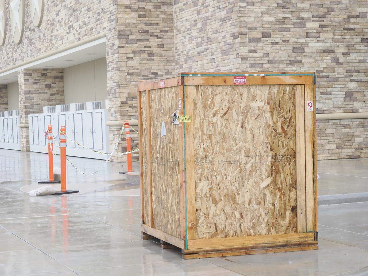 A box, believed to be holding Buc-ee’s iconic beaver statue, has been delivered to the site of Mississippi’s first Buc-ee’s in Harrison County, in this photo on May 7, 2025.