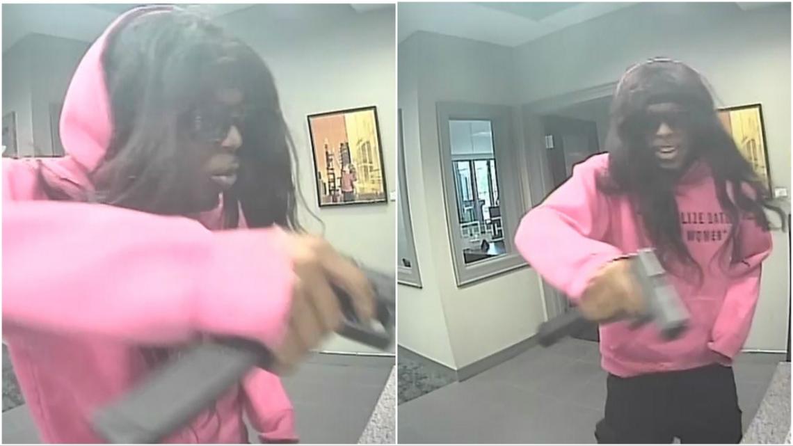 A wig-clad man robbed a bank at gunpoint before fleeing with thousands of dollars in cash, police in Atlanta, Georgia say.