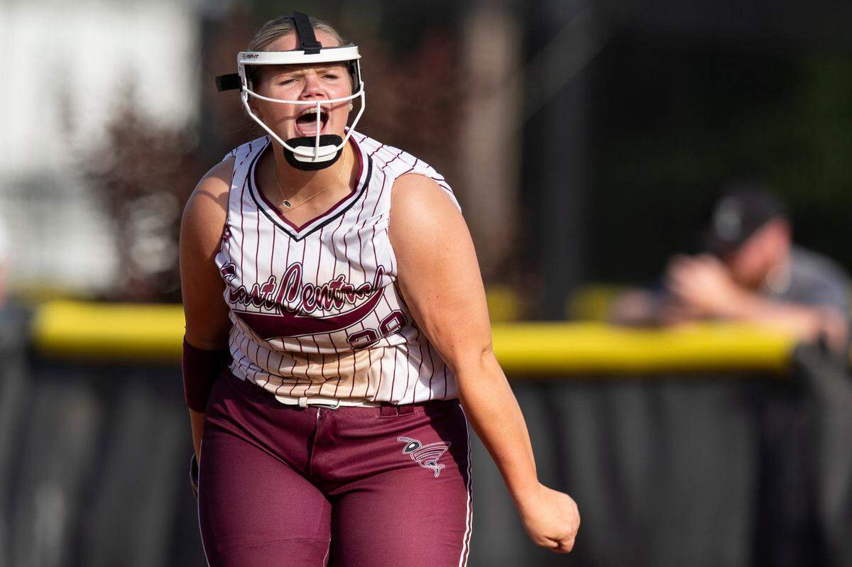 East Central’s Abbie Huff reacts to a play during the MHSAA 5A Softball Championship at USM Softball Complex in Hattiesburg on Wednesday, May 14, 2025.