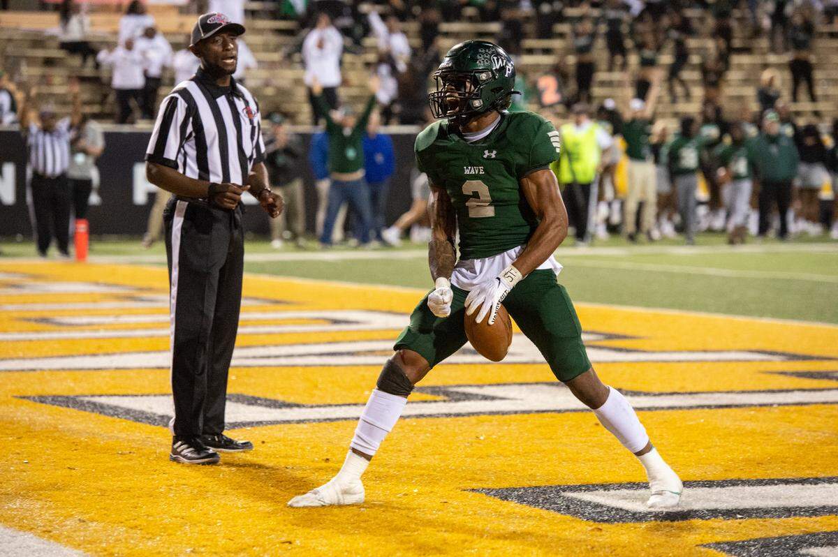 West Point’s Kahnen Daniels celebrates after scoring during the 5A State Championship at M.M. Roberts Stadium in Hattiesburg on Friday, Dec. 2, 2022.
