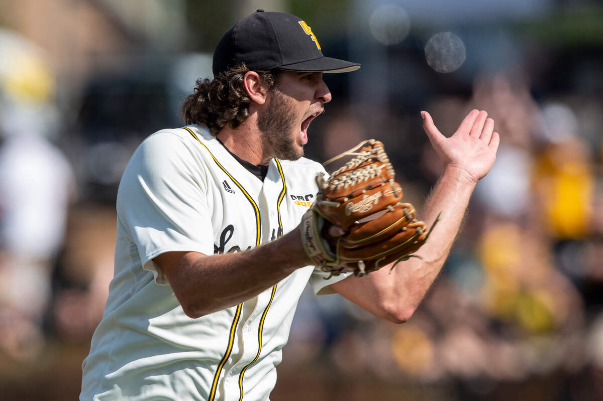 Southern Miss’ Justin Storm reacts to throwing a pitch during the first game of a double header against Georgia Southern at Pete Taylor Park on Saturday, March 25, 2023.