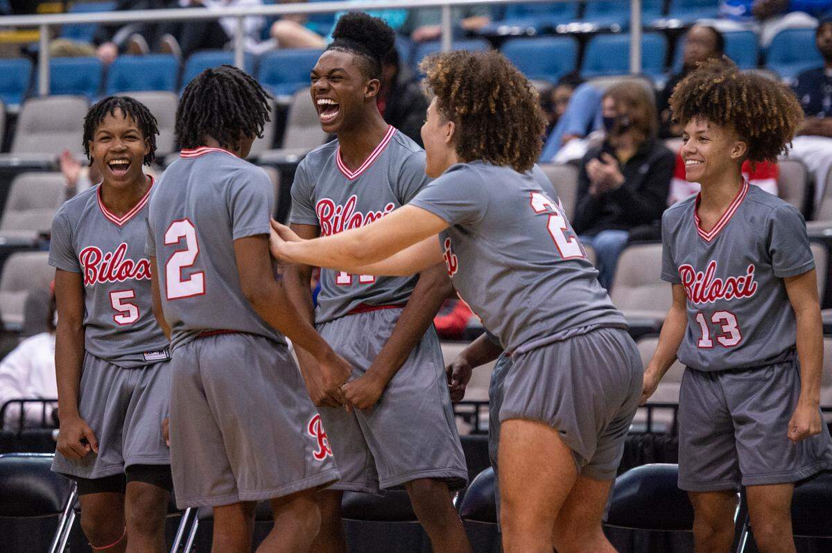 Members of the Biloxi mens basketball team cheer for their teammates during Hoopsfest at the Mississippi Coast Coliseum in Biloxi on Saturday, Jan. 29, 2022.