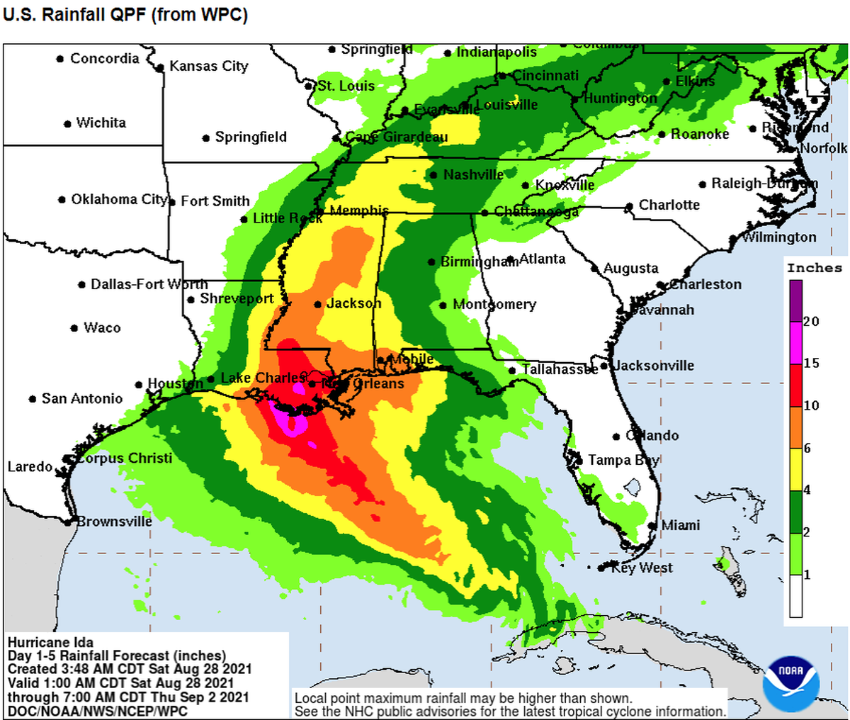 As of Saturday, Aug. 28, 2021, the National Hurricane Center forecast rain of up to 10 inches across large swathes of south and central Mississippi.